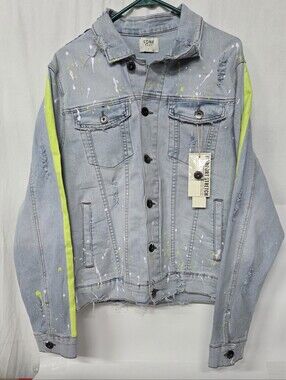 KDNK Blue Denim Destressed Button Up Jean Jacket Neon Line N SplatteSize L NEW!